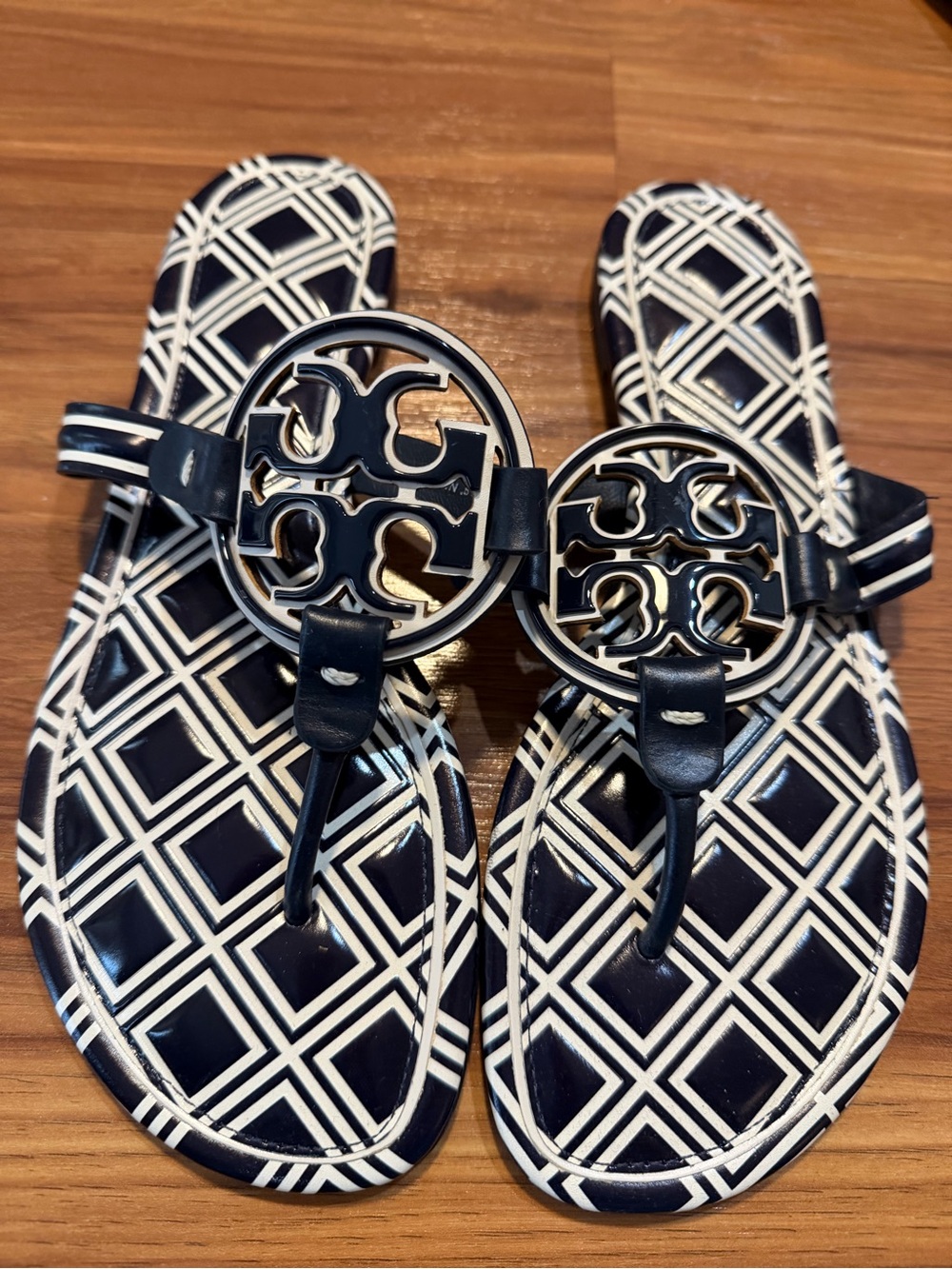 Tory Burch Navy and White Logo Thong Sandals